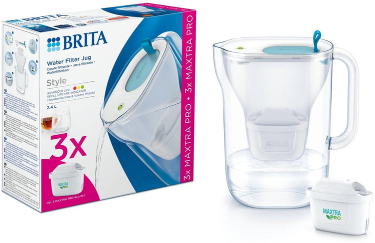 Brita - carafe filtrante - style cool - 2,4l - bleu - incl. 3 cartouches filtrantes tout-en-1 maxtra pro - pack économique
