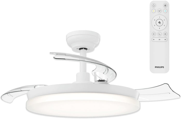 Philips LED Ventilateur de plafond Philips Solr avec lampe LED - 3 pales rétractables - diamètre : 106 cm - trois nuances de lumière blanche (2700k 4000k 5500k) - dimmable jusqu'à 10% - télécommande - blanc - 4500 lumens