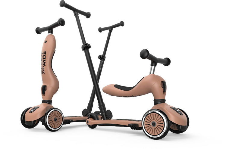 Scoot ride Highwaykick 1 push go - trottinette enfant 2 en 1 avec barre de poussée - draisienne scooter 2 en 1, 3 roues - barre de poussée 3 hauteurs, repose-pieds amovibles - 1-5 ans, max 20 50 kg - moka