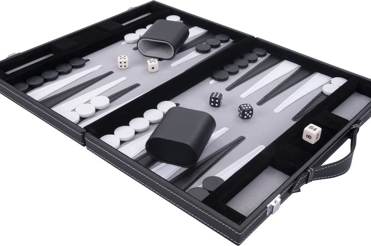 Backgammon Longfield 11 pouces - plateau cousu gris, noir et blanc - étui en cuir artificiel avec poignée - coeur d'ange