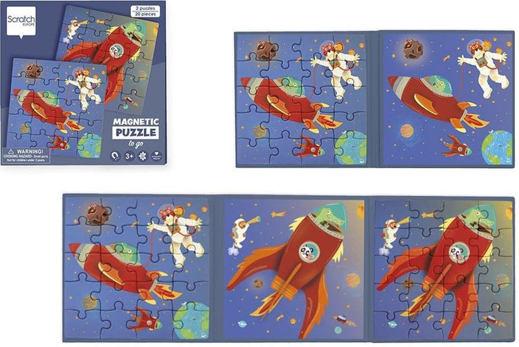 Puzzle à gratter magnétique : livre de puzzles magnétiques à emporter - espace 18x18x1,5cm (fermé), 54x18x0,5cm (ouvert), avec 2 puzzles magnétiques de 20 pièces, 3+