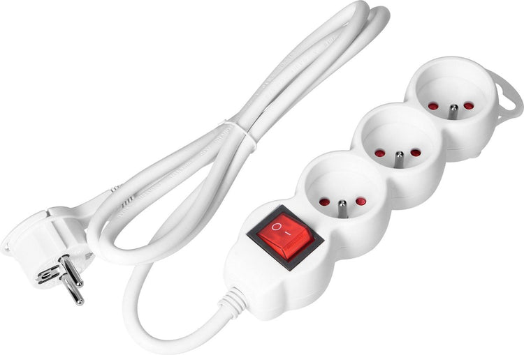 Multiprise Orno® - pour la Belgique - rallonge - avec broche terre - 3x 2p+e avec interrupteur, 5 mètres h05vv-f 1x1,5mm2, imax=16a, blanc max 3680 watts