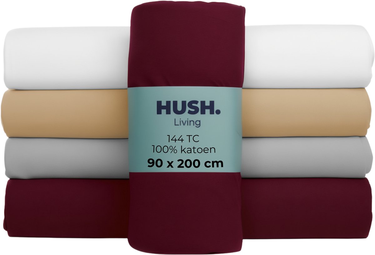 Faire taire. Living Hush Living Drap-housse 100% coton, 144 fils, flexible et respirant - élastique tout autour - 90x200+30cm - bordeaux
