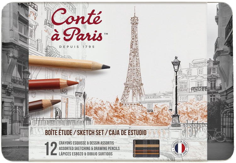 Conté à paris 2186 coffret de croquis 12 pièces | crayons à dessin et à croquis dans une boîte en métal - l'ensemble de croquis