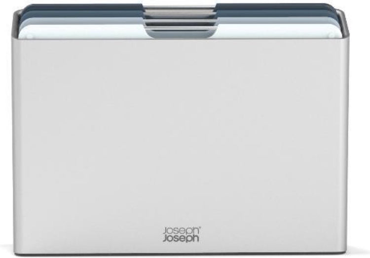 Joseph joseph folio™ ensemble de planches à découper 4 pièces – grande – bleu clair – code couleur – avec support de rangement – poignées en acier inoxydable