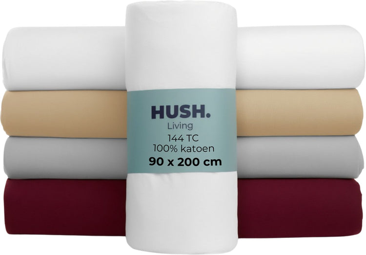 Faire taire. Living Hush Living Drap-housse 100% coton, 144 fils, flexible et respirant - élastique tout autour - 90x200+30cm - blanc