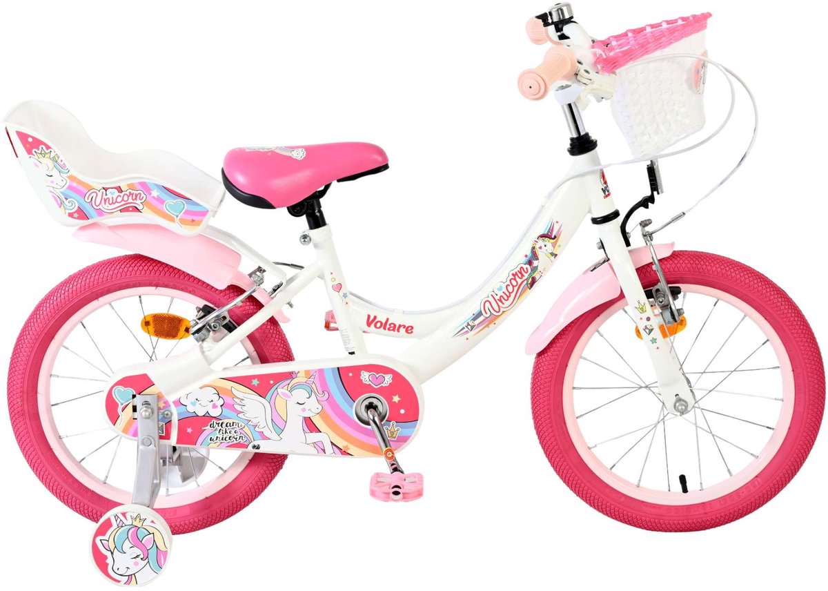 Vélo enfant Volare licorne - filles - 16 pouces - blanc - deux freins à main