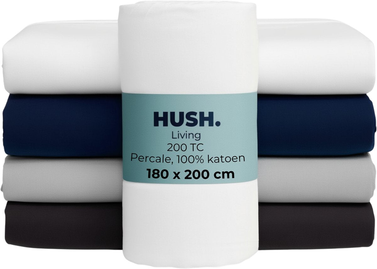 Faire taire. Living Hush Living Drap-housse en percale - 100 % coton - 200 fils - extra frais et frais - solide et durable - élastique tout autour - 180x200+30 cm - blanc