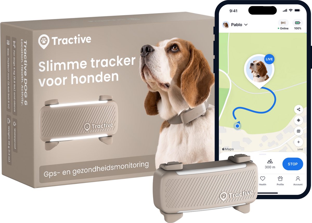 Tractive dog 6 – tracker de localisation avec fonctions GPS d'activité de santé - convient à la plupart des colliers - marron