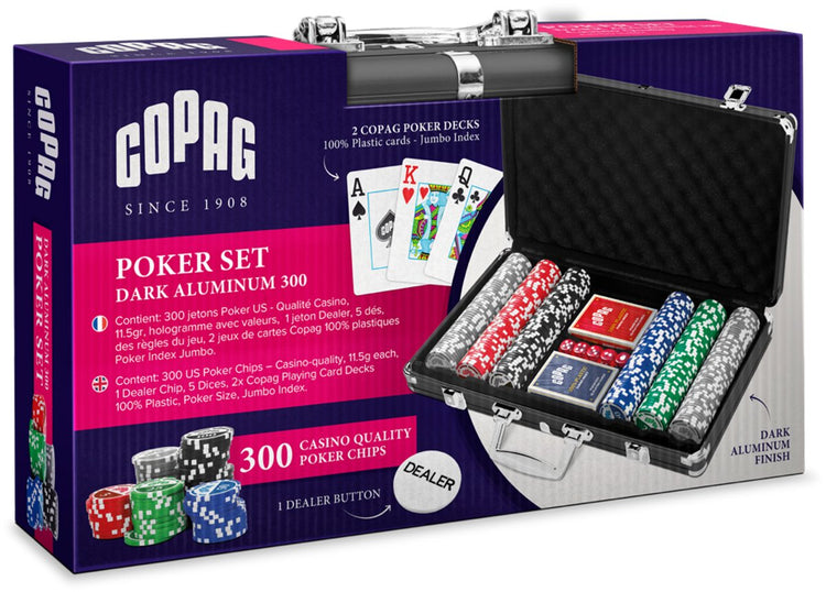 Set de poker Copag ® 300 jetons comprenant 2 cartes à jouer en PVC 100% résistant, 5 dés et boutons de poker