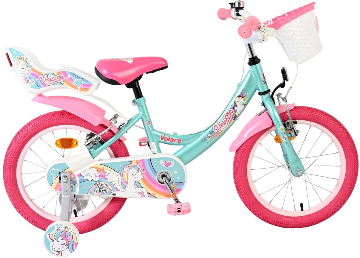 Vélo enfant Volare licorne - filles - 16 pouces - vert - deux freins à main