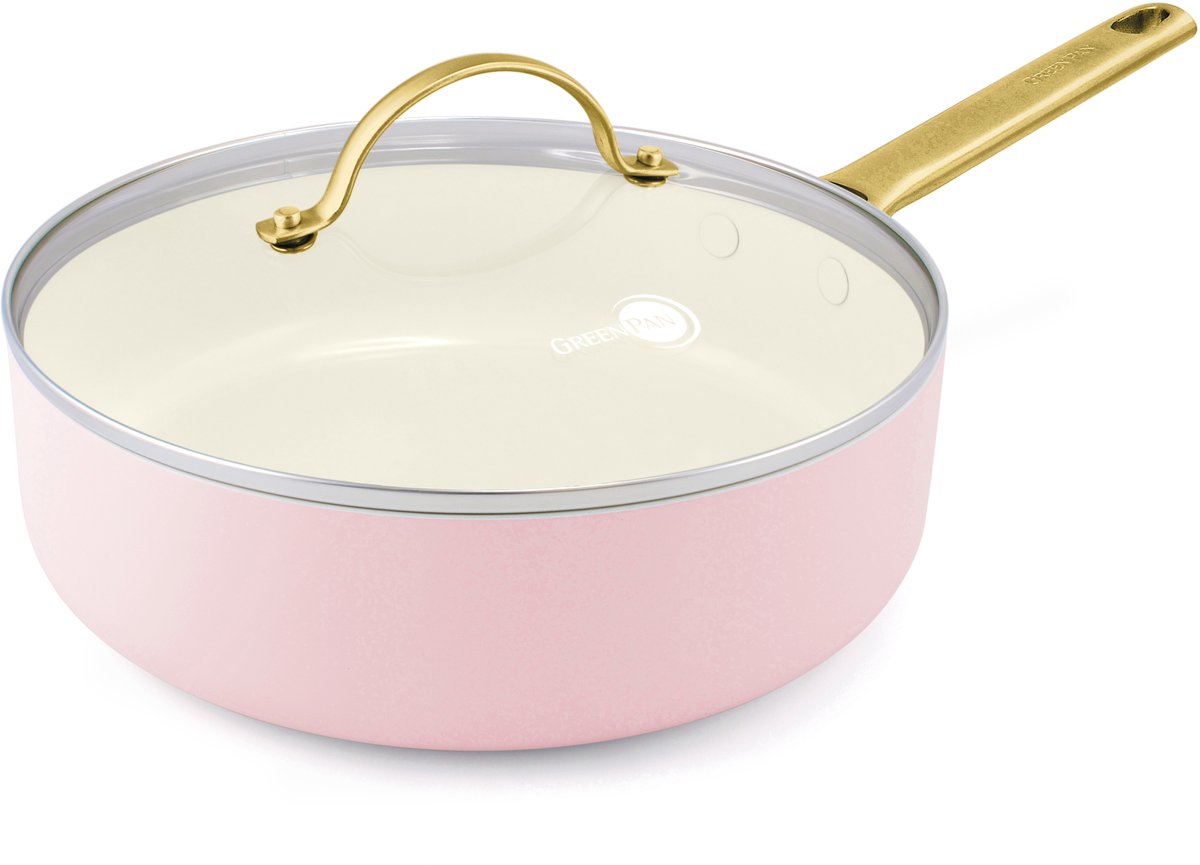 Poêle à induction en céramique rose Greenpan Padova avec couvercle 24 cm - sans PFAS - poêle à induction - passe au four jusqu'à 200°C - passe au lave-vaisselle - poignée en acier inoxydable - avec couvercle - rose