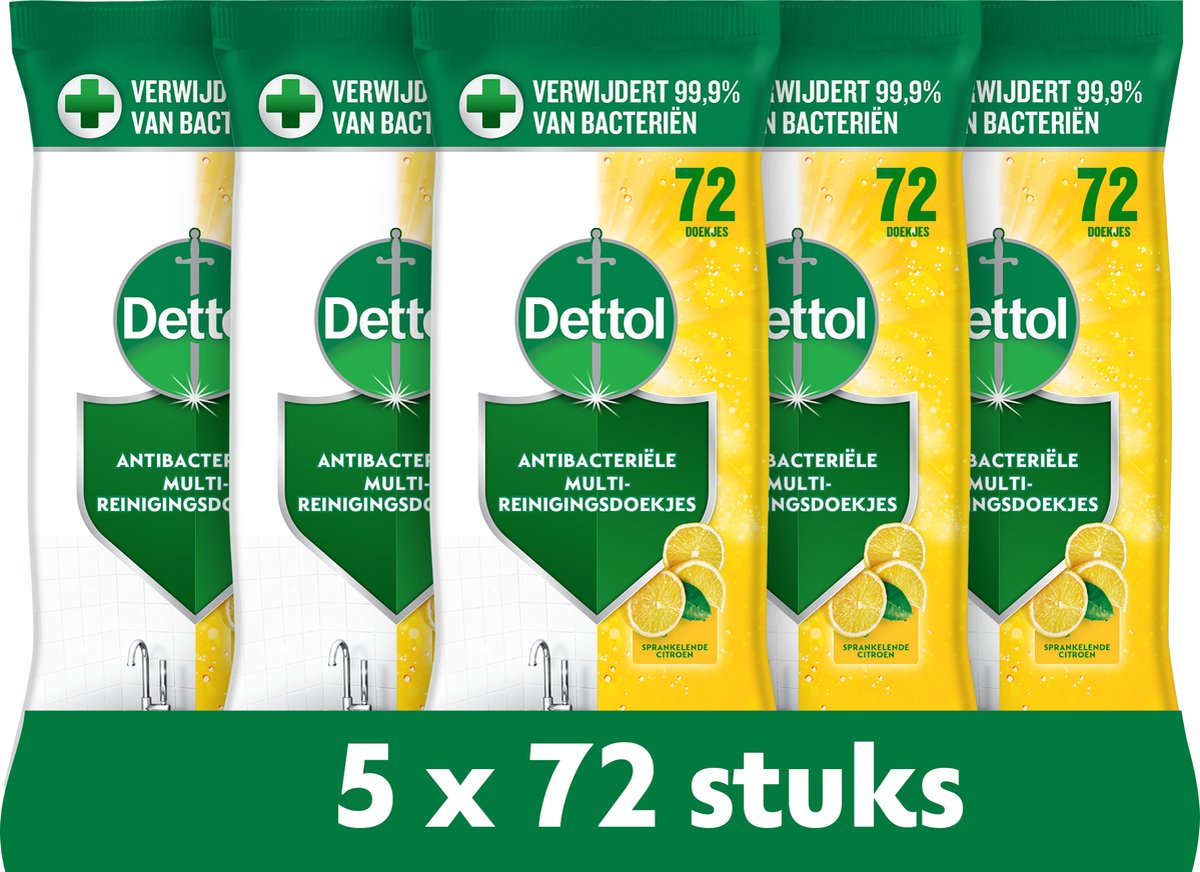 Lingettes nettoyantes antibactériennes Dettol - citron pétillant - 72 pièces - 5 pièces - pack économique