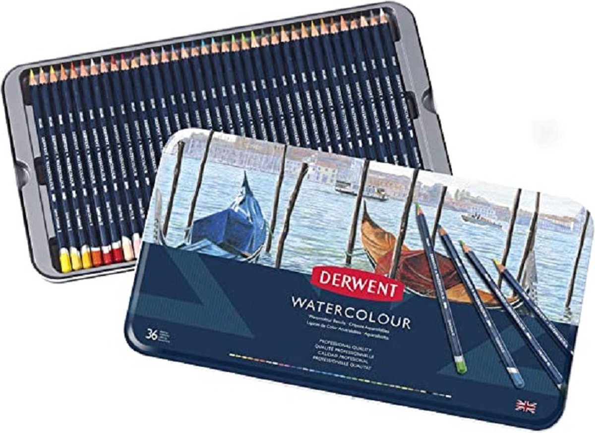 Crayons aquarelle Derwent dans une boîte métallique - lot de 36 crayons aquarelle - assortis