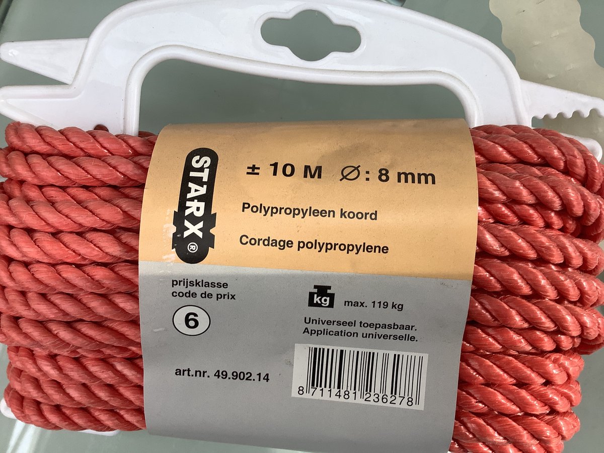 Corde en nylon Starx rouge de 10 mètres de long. 8 mm d'épaisseur. cordon en polypropylène.
