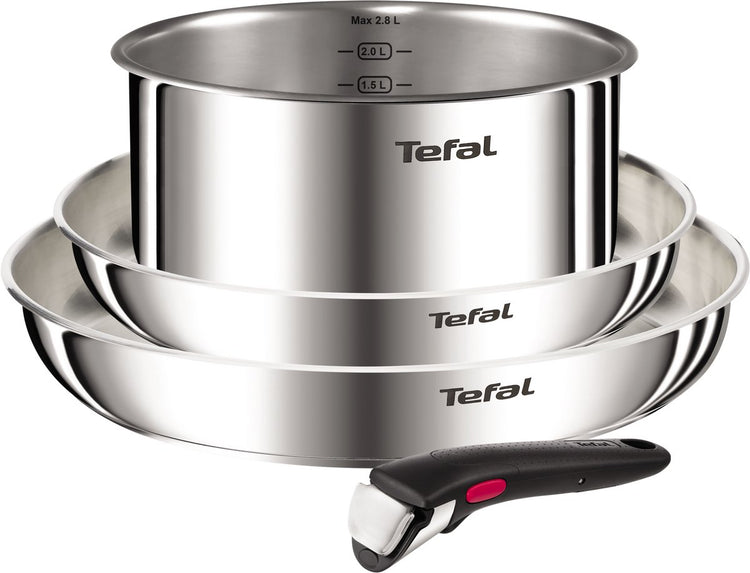 Tefal Ingenio Emotion L896S453 – set de poêles 4 pièces – acier inoxydable 2 poêles 1 casserole – poignée amovible – empilable – compatible induction – passe au four – batterie de cuisine compacte