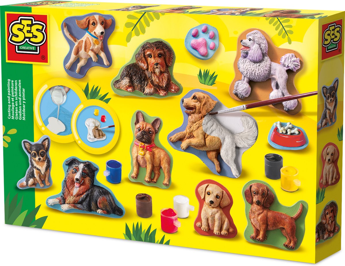 Ses creative - moulage et peinture - chiens - moulage en plâtre - comprenant moule, plâtre, 6 couleurs de peinture, pinceau et spatule - bricolage pour enfants à partir de 5 ans