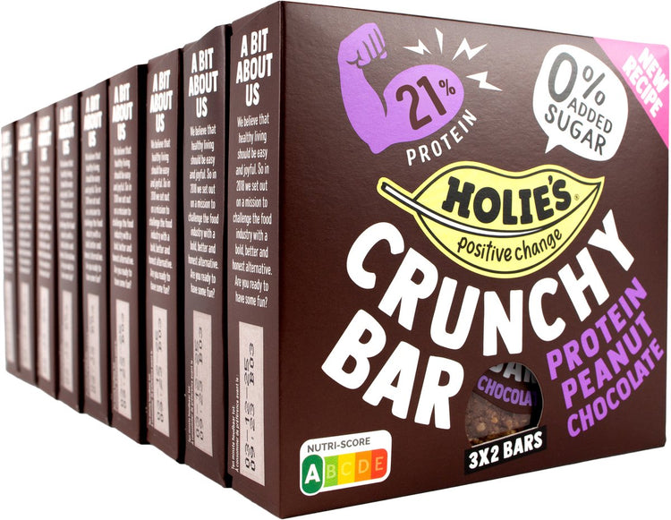 Holie's crunchy bar protéines cacahuètes chocolat 3x2 barres - protéines - barre - sans sucre - saine - végétalienne - paquet de 9