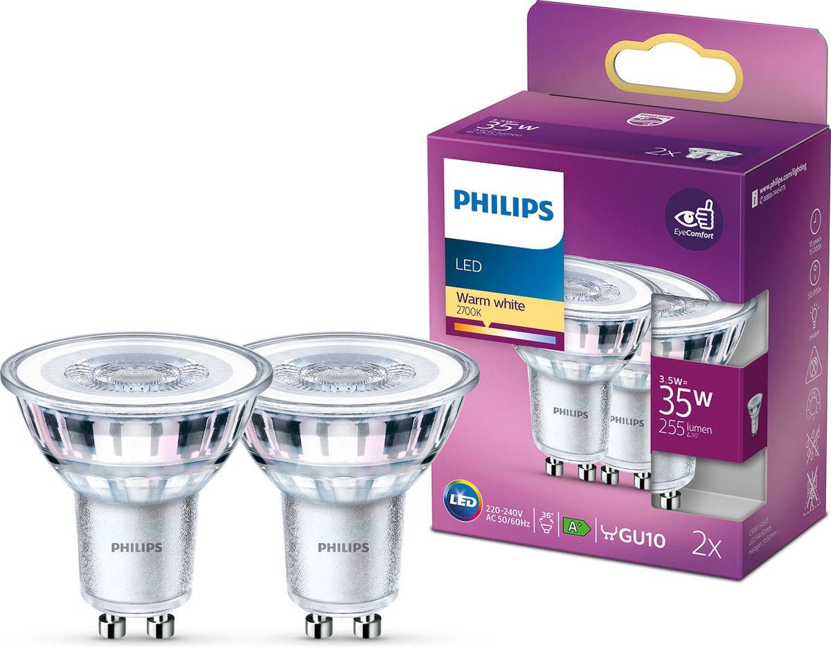 Spot LED Philips économe en énergie - 35 W - Gu10 - lumière blanc chaud - 2 pièces - économisez sur les coûts énergétiques