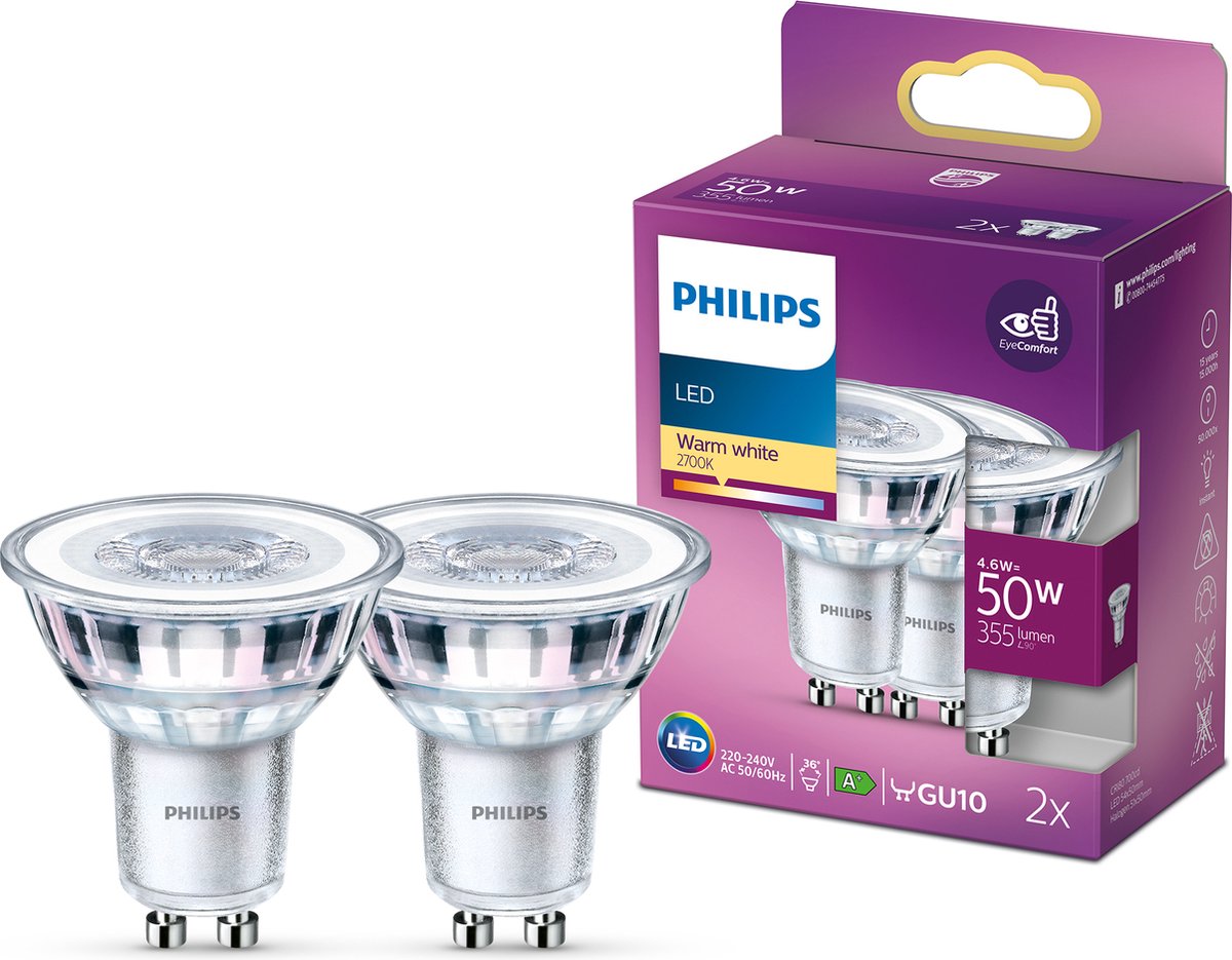 Spot LED Philips économe en énergie - 50 W - GU10 - lumière blanc chaud - 2 pièces - économisez sur les coûts énergétiques
