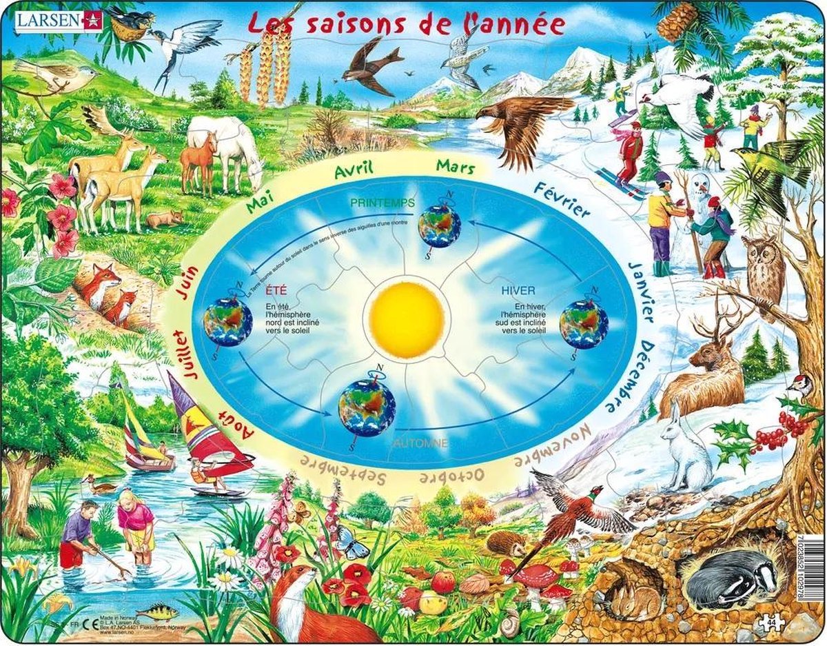Larsen les saisons de l'année – puzzle – temps et nature – saisons et mois – puzzle éducatif pour enfants – 44 pièces – fabriqué en Norvège – pièces extra épaisses de 2.5 mm – plateau avec plaque fixe