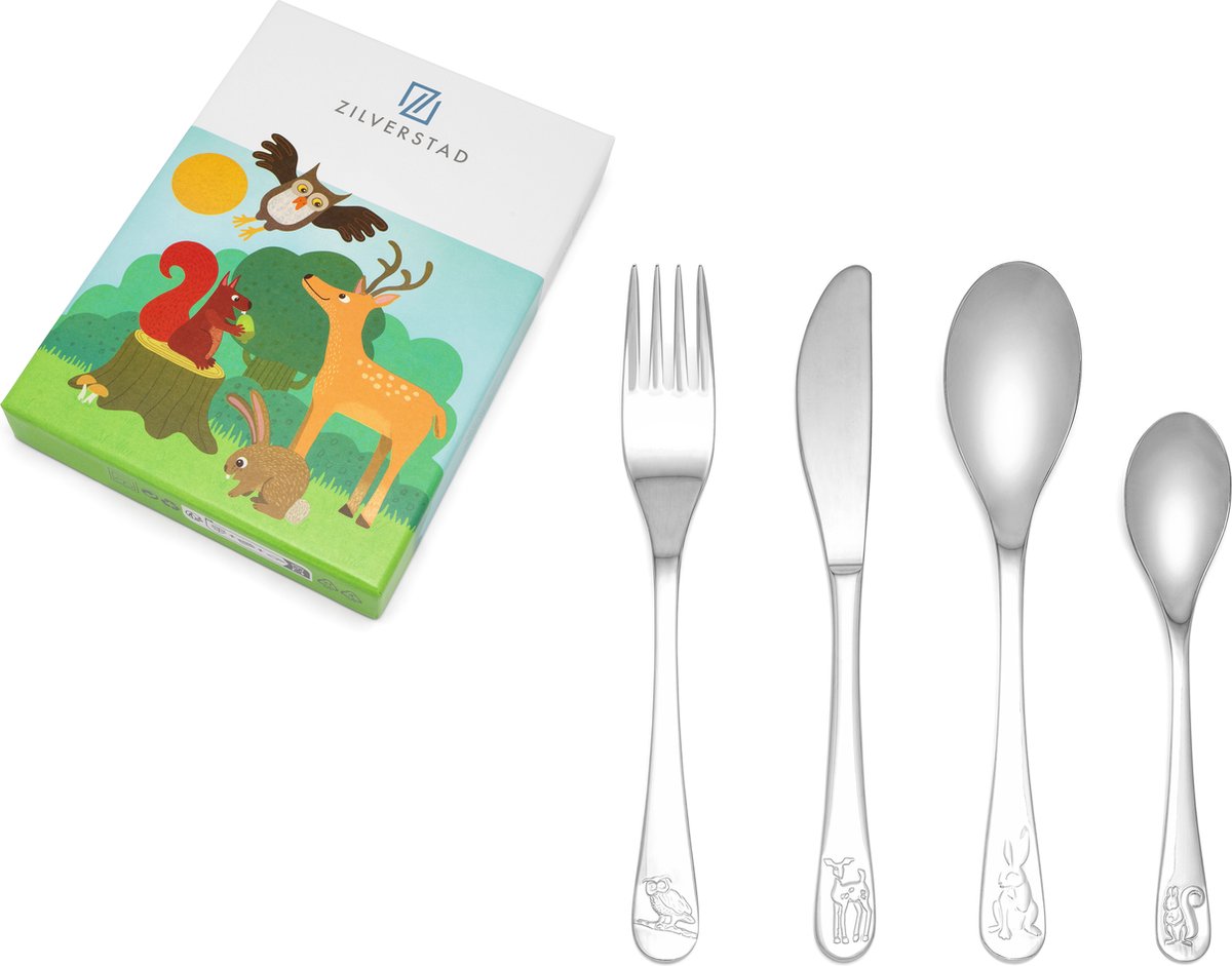 Zilverstad - couverts pour enfants 4 pièces animaux de la forêt en acier inoxydable 18 10