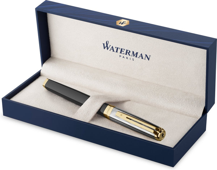 Stylo plume Waterman exception | métal et laque noire avec détail doré et capuchon ciselé | Plume moyenne en or 18 carats | avec coffret cadeau