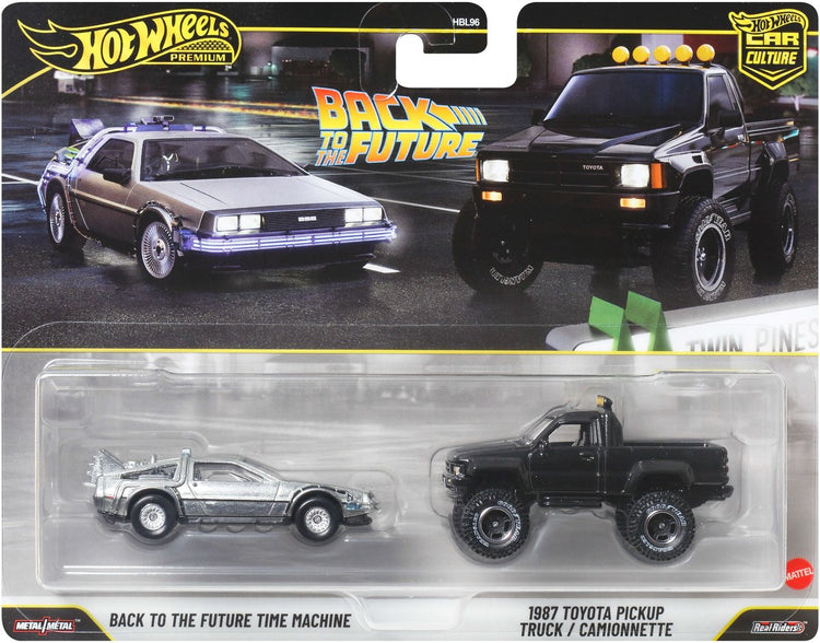 Hot Wheels Premium Car Culture ensemble de 2 - Retour vers le futur Machine à voyager dans le temps et camionnette Toyota 1987