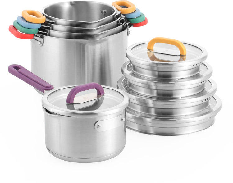Bk arts crafts batterie de cuisine en acier inoxydable 5 pièces en édition limitée - poêle à induction - batterie de cuisine à induction - 16 cm - 22 cm - avec couvercles - empilable - égouttage sûr - va au four jusqu'à 180 degrés - acier inoxydable