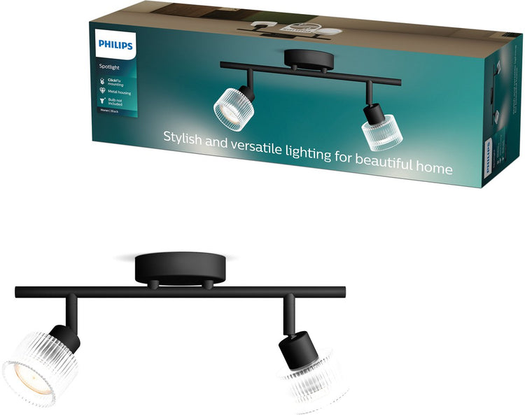 Spot en saillie Philips Hearing - culot LED Gu10 - orientable - 2 points lumineux - clickfix - noir avec verre nervuré