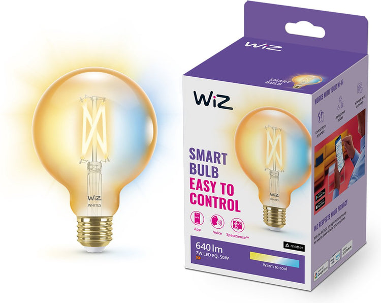 Lampe globe à filament Wiz - lumière blanche chaude à froide - éclairage LED intelligent - culot E27 - 50w - or - wi-fi - petite ampoule : g95