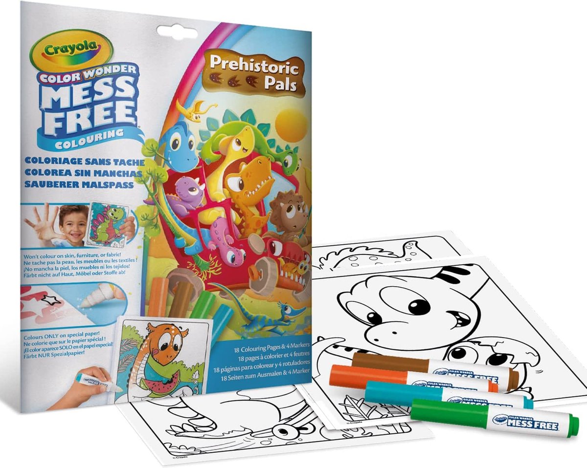Crayola - Color Wonder - Livre de coloriage - 18 pages à colorier avec 4 marqueurs sans bavures - Sujet Amis dinosaures