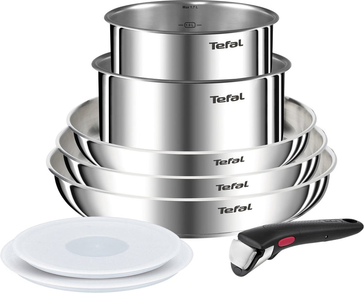 Tefal ingenio emotion l8968s04 – set de poêles 8 pièces – poêles à frire en acier inoxydable – poignée amovible – couvercles hermétiques – empilables – passent au four à induction