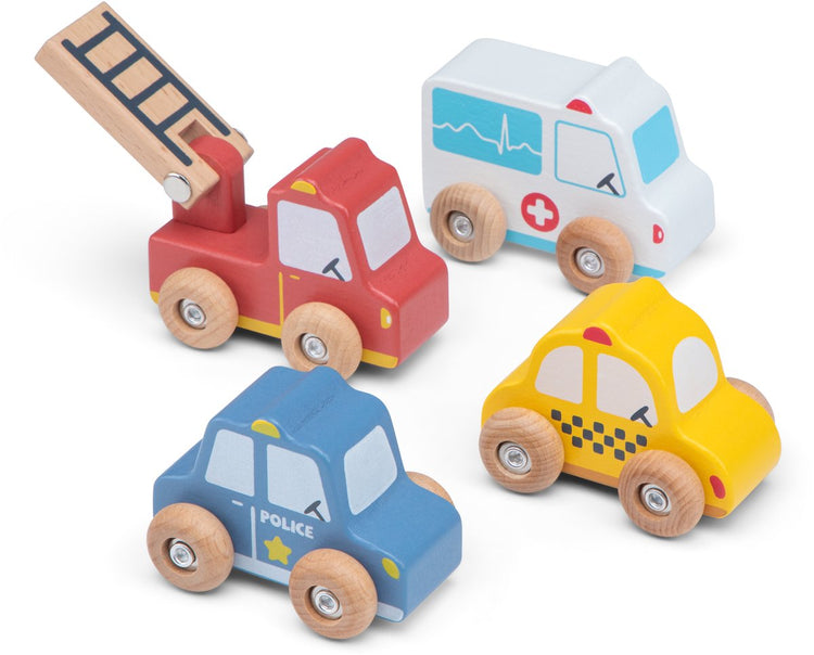 Coffret de véhicules en bois Woet ® - 4 voitures jouets - police, pompiers, ambulance et taxi - véhicules de service d'urgence jouets - à partir de 18 mois