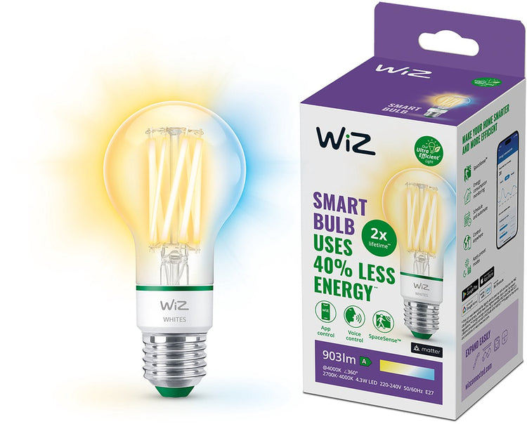 Lampe à filament Wiz - lumière blanche chaude à froide - éclairage LED intelligent - ultra efficace ; classe énergétique a - raccord e27 - 60w - transparent - wi-fi