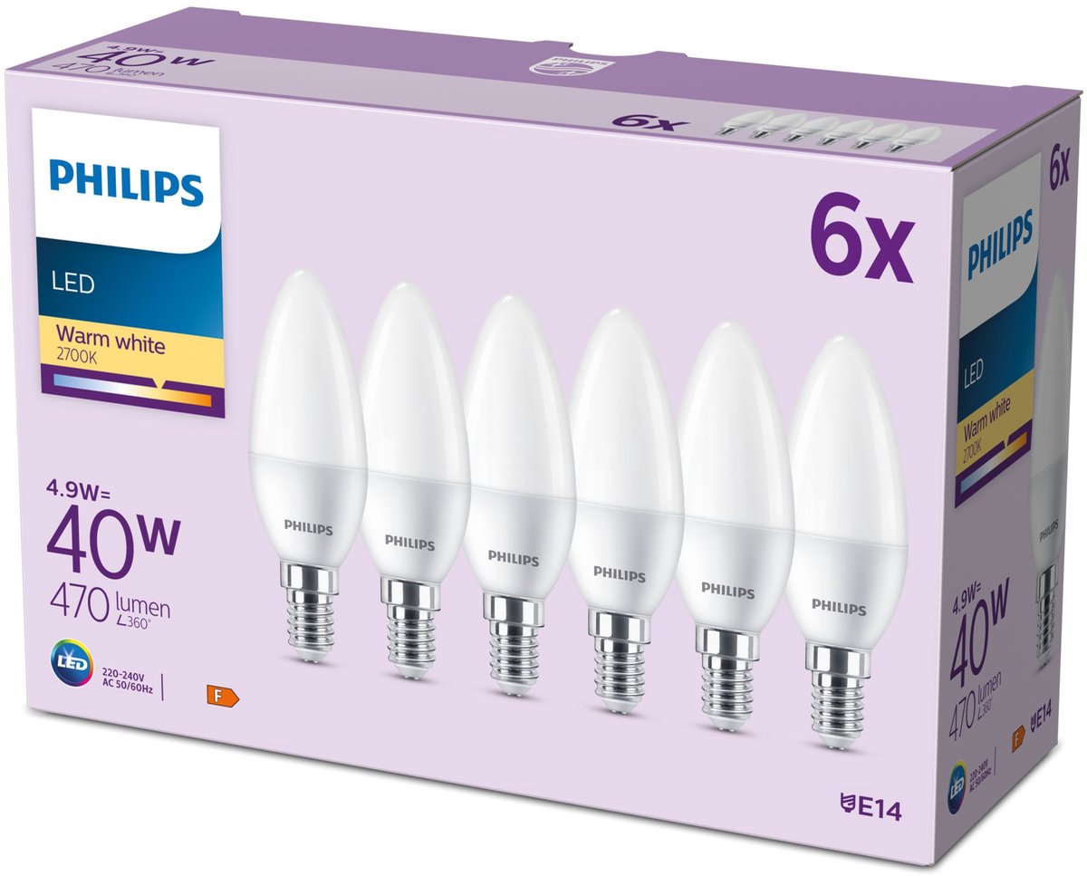 Lampe bougie LED Philips mate - 40 W - E14 - lumière blanc chaud - 6 pièces
