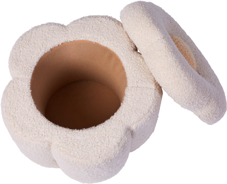 Pouf fleur Childhome - coffre à jouets - boîte de rangement 2 en 1 - 35x35x32 cm - écru - tissu peluche - pouf à assise moelleuse - boîte de rangement avec couvercle