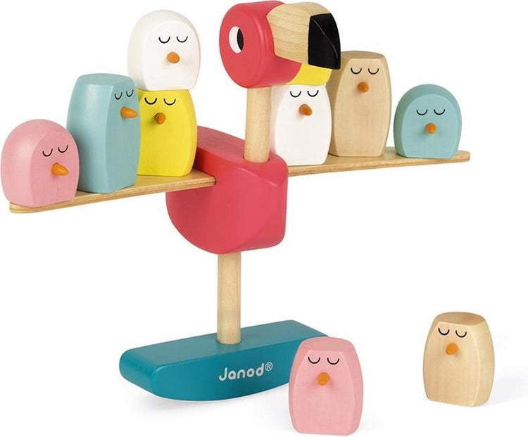 Janod zigolos - jeu d'équilibre en bois flamant rose - jeu d'équilibre et d'adresse - le premier qui renverse le flamant et ses petits perd ! - convient à partir de 3 ans