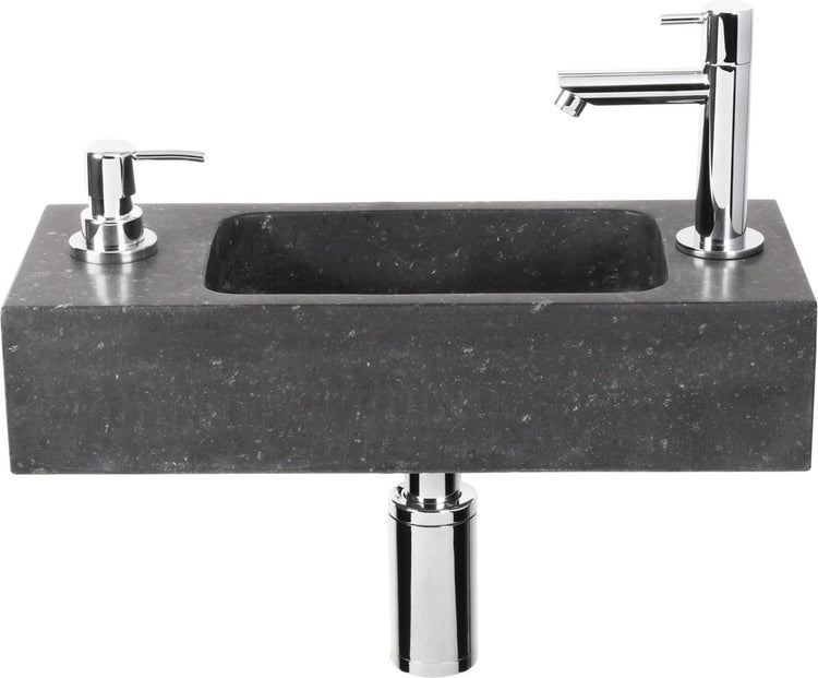 Ensemble fontaine à sapon Differnz - 42x18,5x9cm - rectangle - 1 trou de robinetterie - avec fontaine à siphon et bouchon de vidange - pierre naturelle noire