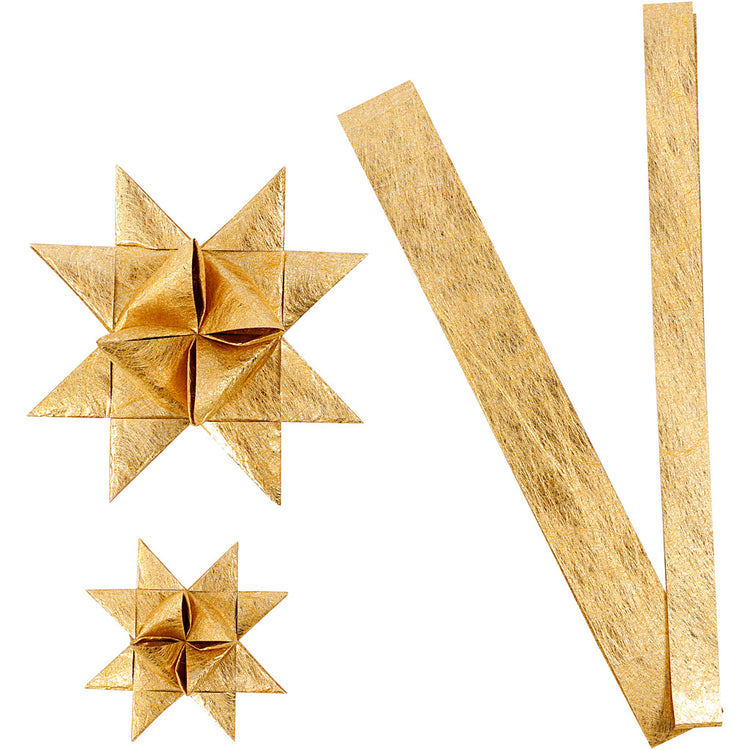 Bandes de tressage en papier Vivi Gade, l: 44+78 cm, d 6,5+11,5 cm, l: 15+25 mm, doré, 32 bandes 1 boîte