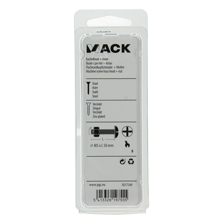 Mack 1017549 - boulon de chauffage + écrou acier galvanisé 8 pcs m5 x 50 mm | 5 pièces