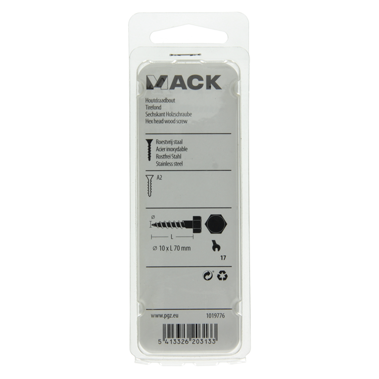Mack 1019776 - boulon fileté à bois acier inoxydable 2pcs 10 x 70 mm | 10 pièces