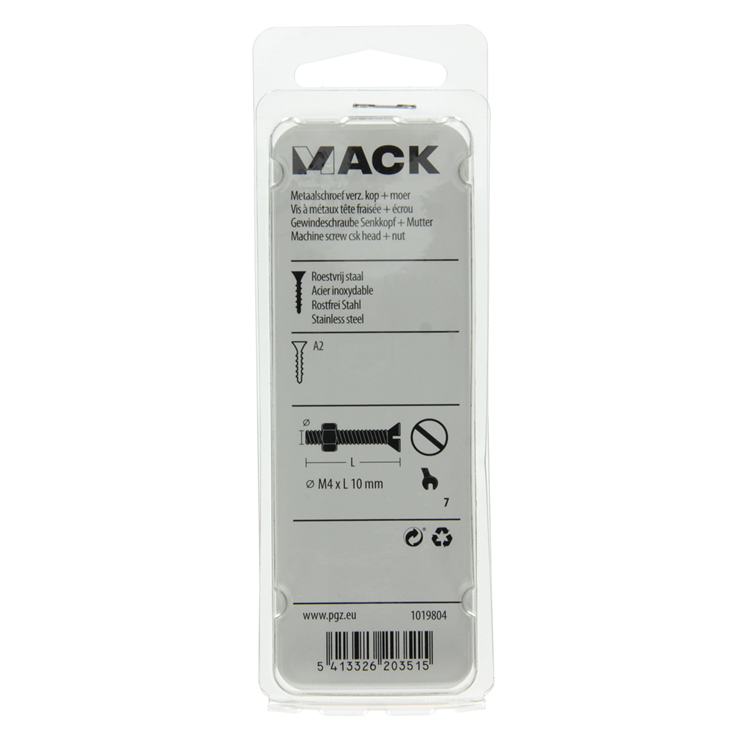 Mack 1019804 - vis à métal galvanisée. tête + écrou inox 15 pcs m4x10 | 10 pièces