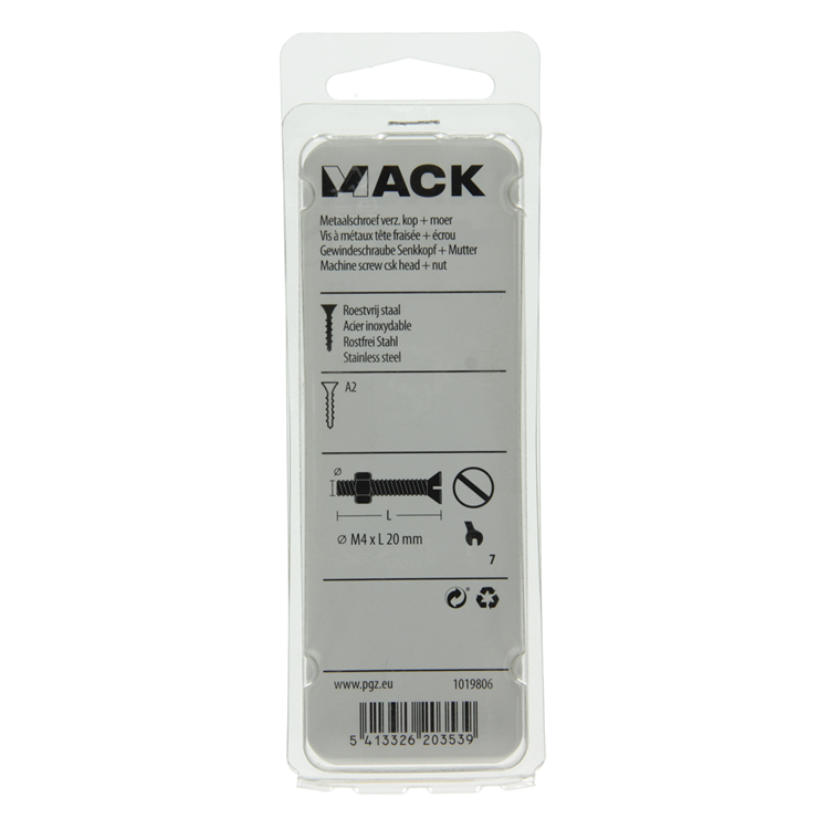 Mack 1019806 - vis à métal galvanisée. tête + écrou inox 12 pcs m4x20 | 10 pièces