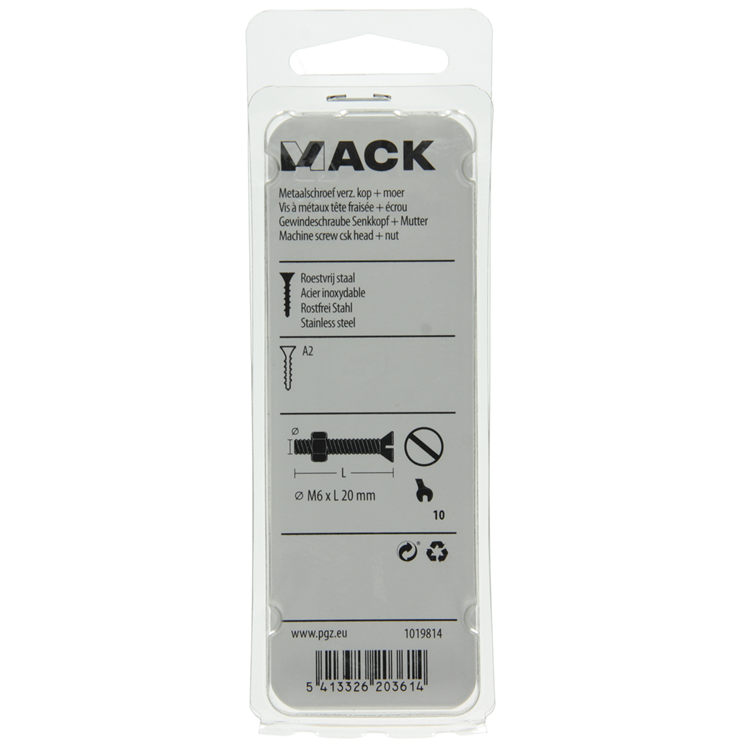 Mack 1019814 - vis à métal galvanisée. tête + écrou inox 5 pcs m6x20 | 10 pièces