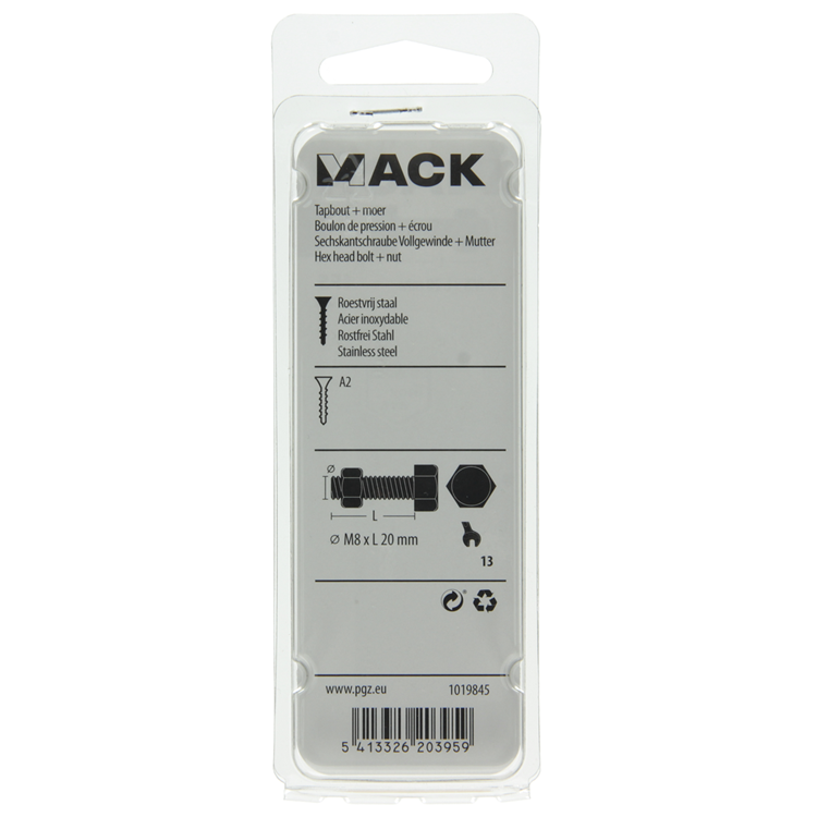 Mack 1019845 - boulon de robinet + écrou en acier inoxydable 2 pcs m8x20 | 10 pièces