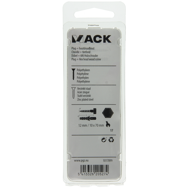 Mack 1017899 - bouchon + boulon fileté bois polyeth 2 pcs 12 mm 10x70 mm | 5 pièces