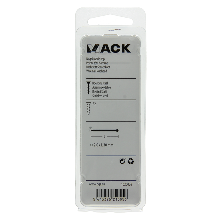 Mack 1020026 - clou tête ronde acier inoxydable A2 70 pcs 2,0 x 30 mm | 5 pièces
