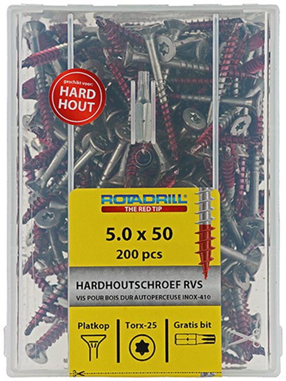 Rotadrill 1040037 - vis bois dur autotaraudeuse sppls.acier inoxydable t25 5.0x50mm (200) | 4 pièces