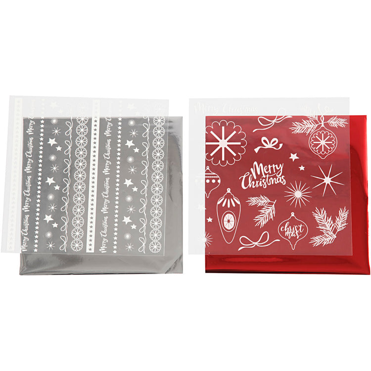 Creativ company Film déco et feuille de transfert, Noël magique, feuille 15x15 cm, rouge, argent, 2x2 feuilles 1 boîte